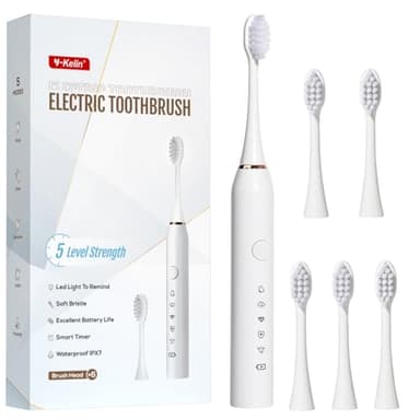Spazzolino elettrico da 30.000 Vpm, ricaricabile, 6 testine, timer intelligente di 2 minuti, 5 modalità, con sbiancamento dei denti, bianco