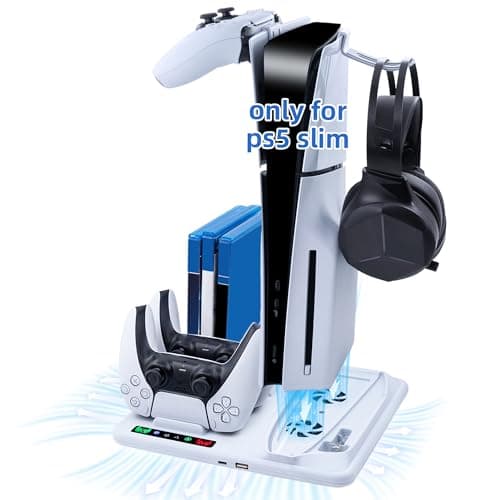 Wigearss Supporto Verticale PS5 Slim Raffreddamento con Doppio Caricatore Controller, Base di Ricarica Joystick PS5 con Ventola Raffreddamento per PS5 Slim Disc/Digital Edition, Non per PS5/PS5 Pro