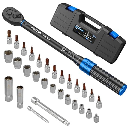 KRETLAW Set di Chiavi Dinamometriche 3/8" da 30 Pezzi, Chiave Dinamometrica a Scatto da 5-60 Nm (72 Denti con Precisione ±3%) con Estensioni, Bussole e Adattatore per Manutenzione di Biciclette