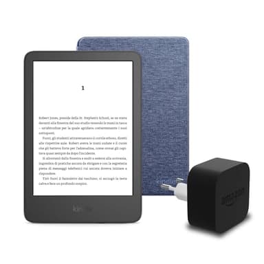 Il nuovo Kindle (versione 2024) da 16 GB con pubblicità, una copertura in tessuto Amazon e un alimentatore Amazon Powerfast da 9 W.