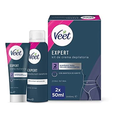 Veet Expert Kit di depilazione per zone intime del corpo, crema depilatoria donna 50 ml e schiuma multi-Benefici 50 ml