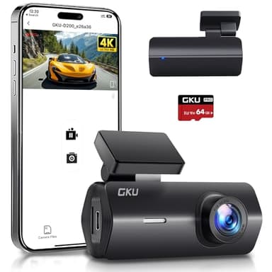 【Nuova Versione】GKU Dash Cam Auto 4K con Scheda SD 64G, WiFi Dashcam Auto 170° Grandangolo, Super Visione Notturna, WDR, G-Sensor, 24H Monitor di Parcheggio,Registrazione in Loop,Max 256G