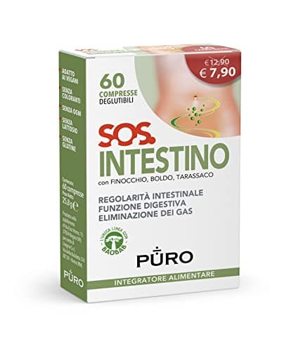 PURO, SOS Intestino, Integratore Alimentare con Baobab, Finocchio, Boldo e Tarassaco, Aiuta la Naturale Regolarità Intestinale, Confezione da 60 Compresse Deglutibili