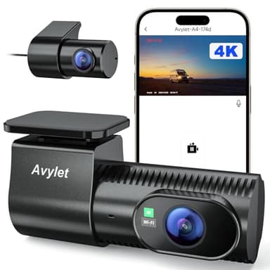 Avylet Dash Cam Auto 4K+1080P Doppia Telecamera per Auto, 170°+150° Dashcam Auto,Super Visione Notturna, Modalità Parcheggio 24H, WDR, Wi-Fi, Controllo App,G-Sensor, Registrazione in Loop, MAX 256GB