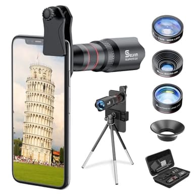 Selvim Kit Obbiettivi Smartphone Macro 25x, Versione Aggiornata con Lenti Blu-Ray Per Migliore Risoluzione, Grandangolare 0.62X, Fisheye 235, Teleobbiettivo 22x, Compatibilità Universale.
