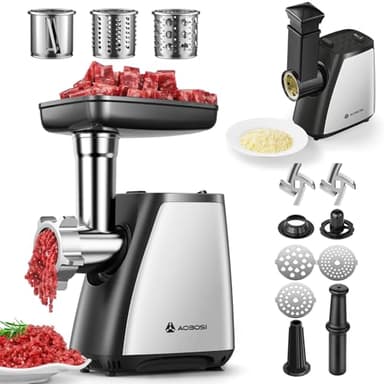 Tritacarne AAOBOSI, Tritacarne Elettrico 4-IN-1[2800W Max]con 3 Affettatrici,Lame per Tritare, 2 Lame, 4 Piatti, Insaccatrice per Salsicce, Kit Kubbe, per Uso Domestico in Cucina, Acciaio Inossidabile