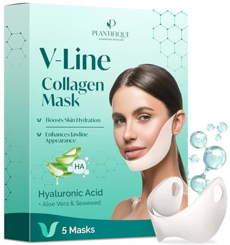 PLANTIFIQUE Doppio Mento Cintura Viso V-Line | Maschere Rassodanti per un Contorno Viso Scolpito e Tonico | Soluzione Naturale per un Aspetto Giovane e Fresco | 5 Maschere