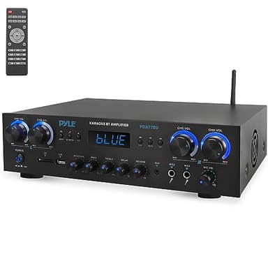 Pyle Amplificatore Audio a 4 Canali con Bluetooth per Home Theater e Karaoke, 800 Watt Picco, 2 Ingressi Microfono con Riverbero e Ritardo, MP3, USB, SD, AUX, RCA, FM