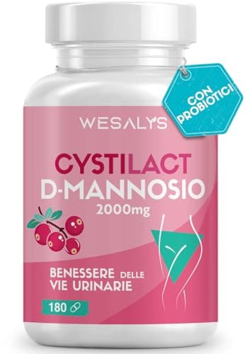 CYSTILACT® - 180 CAPSULE | D-Mannosio Puro 2000mg | Integratore Cistite, con Mirtillo Rosso, Probiotici ed Acido ialuronico | per Candida e Infezioni delle Vie Urinarie | 100% Vegan