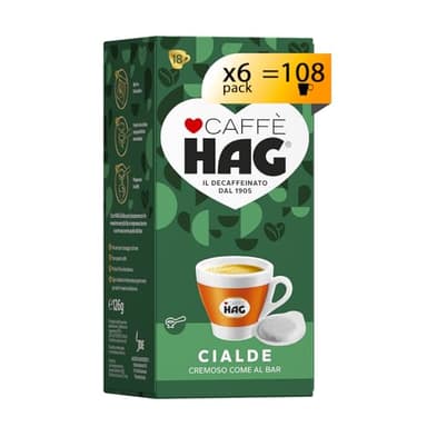 Hag - Caffè in Cialde ESE Decaffeinato - Miscela Espresso per Macchina Portafiltro Monodose - Caratterizzato da un Aroma e Gusto Delicati - Contiene 6 confezioni da 18 cialde (Totale 108 cialde)