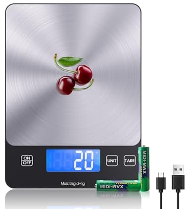 [ Ricaricabile & 15KG ] Bilancia Cucina Digitale, USB C Elettronica Bilancia da Cucina,Alta Precisione 1g/0.1oz Bilancia Alimenti, Professionale con Funzione Tare, Batterie Incluse (food scale)