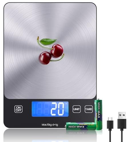 [ Ricaricabile & 15KG ] Bilancia Cucina Digitale, USB C Elettronica Bilancia da Cucina,Alta Precisione 1g/0.1oz Bilancia Alimenti, Professionale con Funzione Tare, Batterie Incluse (food scale)