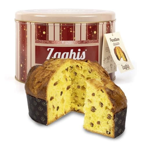Panettone tradizionale Zaghis con Scorzone di arance di Sicilia, uvetta e Cedro Diamante di Calabria, in confezione di latta vintage a righe da 750g