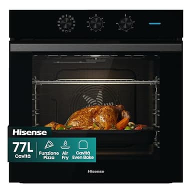 Hisense BI64111AB Forno Multifunzione Termoventilato, Cavità XXL 77 Litri, 12 Funzioni Cottura, Pulizia Acqua Clean, Classe A, Preriscaldamento Rapido, Funzione Pizza 300 °C, Air Fry