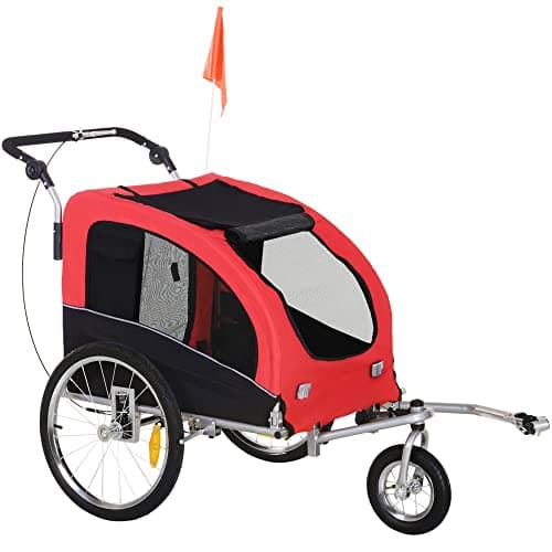PawHut Rimorchio Bici per Cani Taglia Media a 2 Ingressi in Tessuto Oxford e Acciaio, Carrello per Cani con Finestrelle e Tettuccio Apribile, 126-155x83x108 cm, Rosso