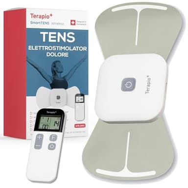 TERAPIO Elettrostimolatore Antidolorifico TENS Wireless. Dispositivo TENS portatile Senza Fili. Elettrostimolatore Muscolare con Telecomando. Ricaricabile 15 modalità per il Trattamento del Dolore
