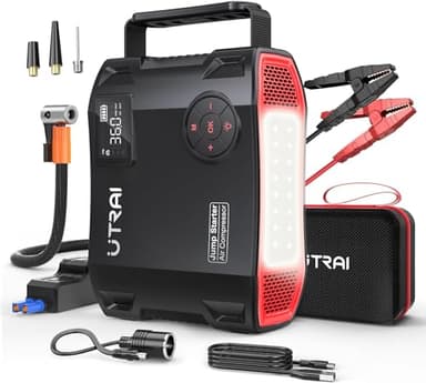 UTRAI Avviatore di Emergenza 27000mAh 6 in 1, 5000A Jump Starter Booster Avviatore Batteria Auto con Compressore 150PSI (per Motori 12V Diesel 8.0L e Tutti i Benzina) QC3.0, Doppia USB, Torcia a LED
