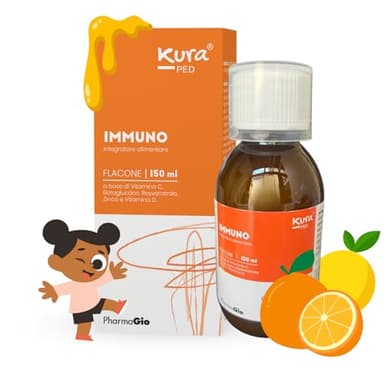 KURA PED IMMUNO Integratore Difese Immunitarie per bambini - Flacone 150 Ml - Integratore Vitamina D con Resveratolo, Betaglucani, Zinco, Vitamina C - Integratori Stanchezza - Integratori energia