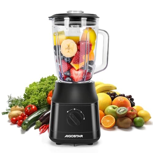 Aigostar Frullatore Elettrico, Frullatore da Tavolo con 1.5L Vaso in Vetro Termoresistente, 4 Lame con Rivestimento in Titanio, 800W, 2 Velocità e Funzione Pulse, per Frullati e Purea. Swift.