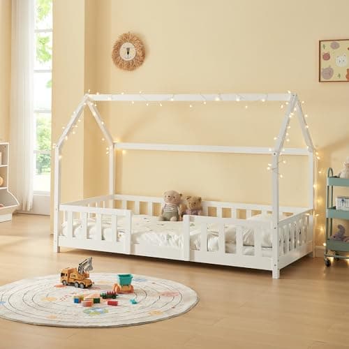 [en.casa] Letto per Cameretta Letto a Casetta per Bambini con Barriere Letto Singolo in Legno di Pino con Zona di Riposo 90x200 cm Bianco