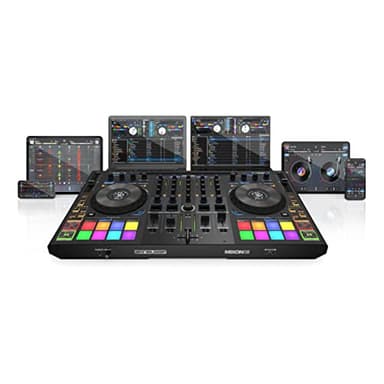 Reloop Mixon 8 Pro | 4-Kanal -Controller multipiattaforma per Serato e djay, display a ghiera e 4 tastiere per effetti istantanei, doppia interfaccia audio con USB-C e missaggio stand-alone