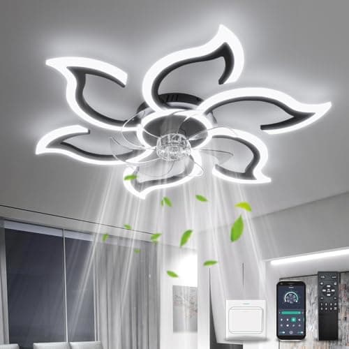YOLEDY Lampada Ventilatore da Soffitto, Intelligente Pale da Soffitto con Luce e Telecomando, Forma a Fiore, Dimmerabile, Reversibile 6 Velocità, Motore DC con Timer, Nero