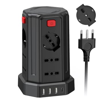 2 Metro Ciabatta Elettrica Multipresa con 12 Prese Universali 10/16A ITA e Schuko e 3 USB A+1 USB C protezione Sovratensione con 4 interruttori indipendenti, Nero