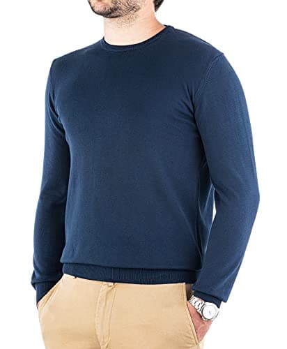 Cashmere Zone-Maglione Uomo Girocollo in Puro Cotone Egiziano Artigianalità Italiana e Confort a Manica Lunga (L, Blu)