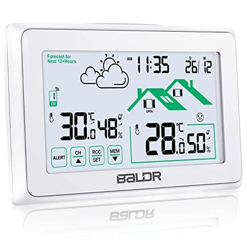BALDR Stazione Meteo per interni esterni, senza fili, orologio Umerica DCF termometro interno con previsioni meteo di ventilazione e retroilluminazione