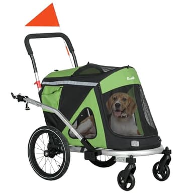 PawHut Rimorchio da Bici e Passeggino per Cani 2 in 1 Pieghevole in Alluminio e 600D Oxford, Carrello di Trasporto per Cani Taglia Media con Catarifrangenti e Bandierina, Verde