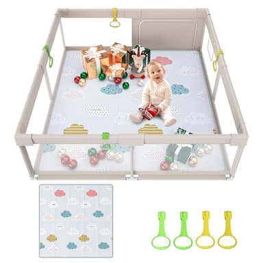 UANLAUO Box per Bambini con tappeto gattonamento 150x150cm, XXL Recinto per Bambini con 4 Pezzi Anelli,area di attività sicura al coperto per bambini con cancello a cerniera