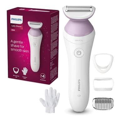 Philips Lady Shaver Series 6000, rasoio per il corpo Wet & Dry senza filo, con 4 accessori, pettine regola altezza e guanto esfoliante per il corpo, 40 min. di autonomia, modello BRL136/00