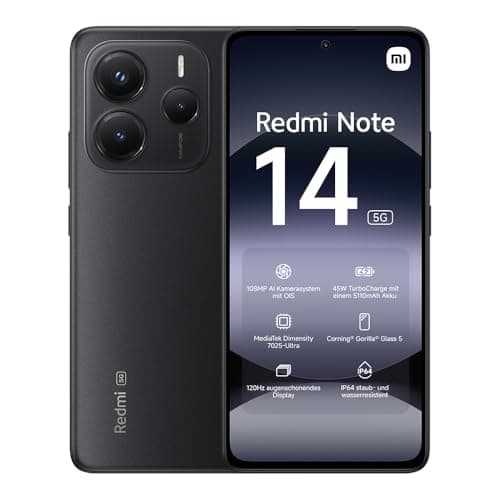 Smartphone Xiaomi Redmi Note 14 5G, 8+256GB, Sistema fotografico AI da 108MP, batteria da 5110mAh, display con tecnologia Eye-Care da 120Hz, funzionalità AI (caricabatterie non incluso), Nero