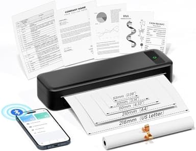 Stampante Portatile A4, Stampante Termica Compatibile con iPhone Cellulare/iPad/Laptop/PC, iOS/Android Smartphone via Wireless Bluetooth, Mac/Windows via USB, Senza Inchiostro Stampa in Nero e Bianco