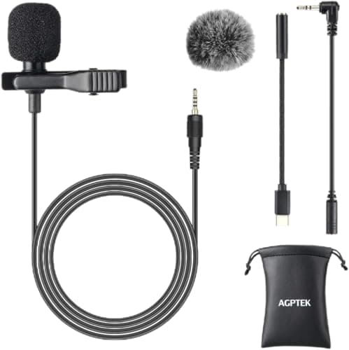 AGPTEK Lavalier Microfono per PC Smartphone con Clip e Un Parabrezza Incluso Adattatore Tipo-c Microfono Esterno Trust Ideale per Youtuber Intervista Conferenza Video Camera Podcast Cavo da 2M