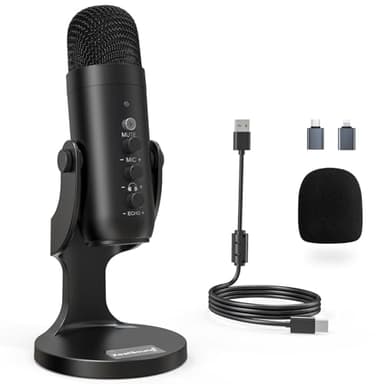 zealsound Microfono a condensatore, Microfono USB per *Phone, PC, computer, laptop e telefono di tipo C, Muto, Riduzione del rumore, microfono per streaming, asmr, gaming, podcast, YouTube, Twitch