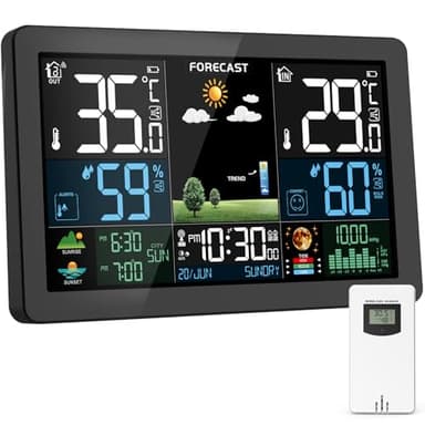 Stazione Meteo con Sensore Esterno, Display a Colori, Previsioni del Tempo, Temperatura, Umidità, Sveglia con Funzione Snooze, Pressione dell'aria, Uso Interno ed Esterno