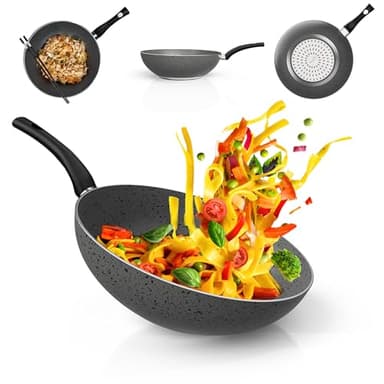 TEHORNEO Wok Induzione, Wok 28cm Alluminio Antiaderente, Wok Antiaderente, Pentole Induzione, Saltapasta, Padella Saltapasta, Adatto per Induzione, Vetroceramica, Gas e Lavastoviglie