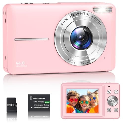 Macchina Fotografica Digitale 1080P Fotocamera 44MP Macchina Fotografica Compatta con Schermo LCD da 2,4", Zoom Digitale 16x, Scheda di Memoria Micro 32G, 1 Batteria per Bambini, Adolescenti - Rose