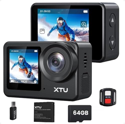 XTU S6 Action Cam 4K 20MP Doppio Schermo, 40M Fotocamera Subacquea con Telecomando Con scheda SD da 64 GB, Action cam moto Super Smooth Anti-Shake, 170°Grandangolo, Con kit di accessori