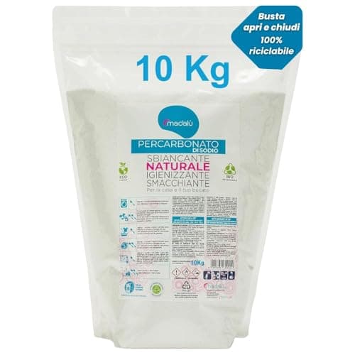 Percarbonato di Sodio per Bucato Puro (10 Kg, 1000 Lavaggi) Smacchiatore Bucato ad Azione Sbiancante, Igienizzante Naturale, Antimuffa per Muri Interni, Busta Richiudibile 100% Riciclabile