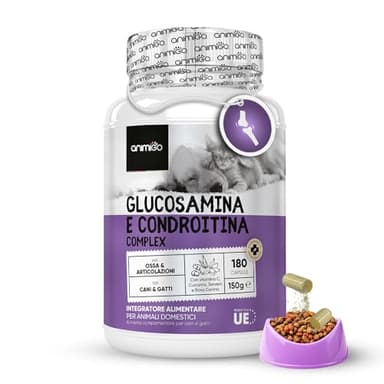 Integratore Articolazioni Cane Gatto con Vitamina C, 180 Capsule Apri & Versa Glucosamina Condroitina Cane e Gatto, Integratore per Cani Anziani, Adulti, Cuccioli, Curcuma, Condroprotettori Cane Gatto