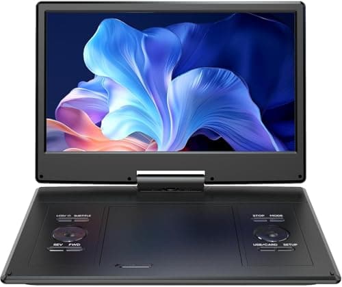 YOTON Lettore DVD portatile 14", lettore DVD per auto con doppi altoparlanti stereo e jack per cuffie, supporta la lettura di dischi U esterni e schede SD/sincronizzazione TV.