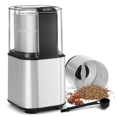 QEXREED Macina Caffe' Elettrico 150W, Macinacaffè Elettrico con Contenitori Rimovibili in acciaio inossidabile, 60g Capacità, per Chicchi di Caffè, Spezie, Cereali, Pepe, Noci