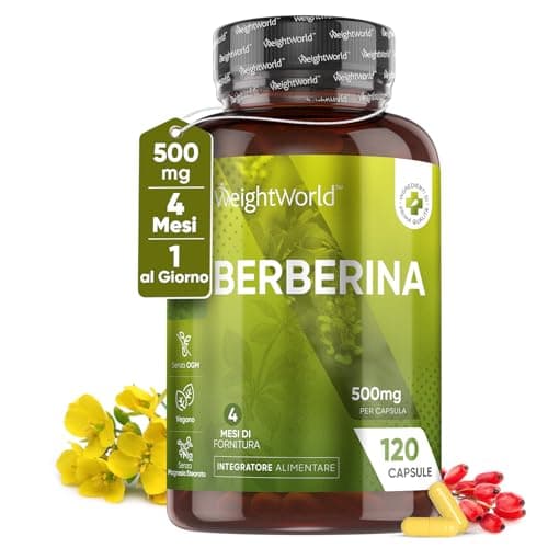 Berberina con 120 Capsule Vegane (Fornitura per 4 Mesi), 1 Capsula al Giorno, di Pura Berberina 500 mg HCL 95%, Proveniente dalla Berberis Vulgaris, Integratore Senza Magnesio Stearato né Allergeni