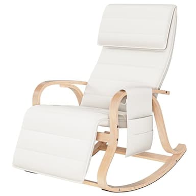 FirFurd Sedia a Dondolo in Legno di Betulla, Poltrona Dondolo Con Seduta Ergonomica In Tessuto Imbottito,Poltrona a Dondolo Regolabile a 5 Altezze, Portata 150 kg,per Salotto,Camera da letto (Bianco)