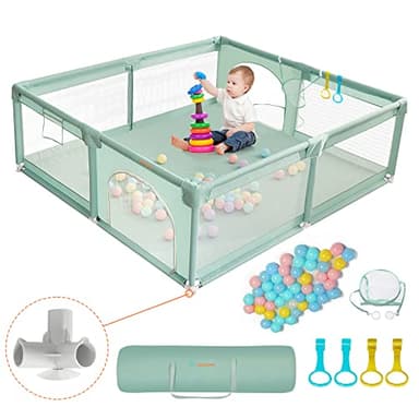 COMOMY Box per Bambini Extra Large, 180 x 200 x 66 cm Recinto per Bambini con 50 Palline, Mini Rattan e 4 Anelli di Tiro, Box per Bambini con Morbida Rete Traspirante, Verde