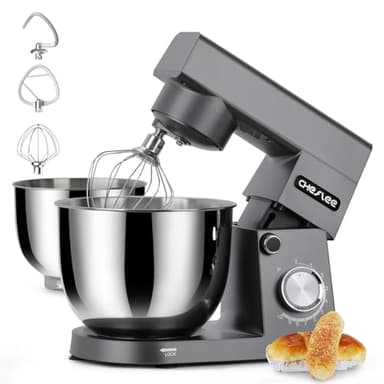 CHeflee Impastatrice Planetaria 1500W Robot da Cucina Multifunzione con 4,5 e 5,5 L Ciotola in Acciaio inox,10 velocità,con Gancio per Mescolare,Gancio per Impastare Impastatrice Professionale(Grigio)