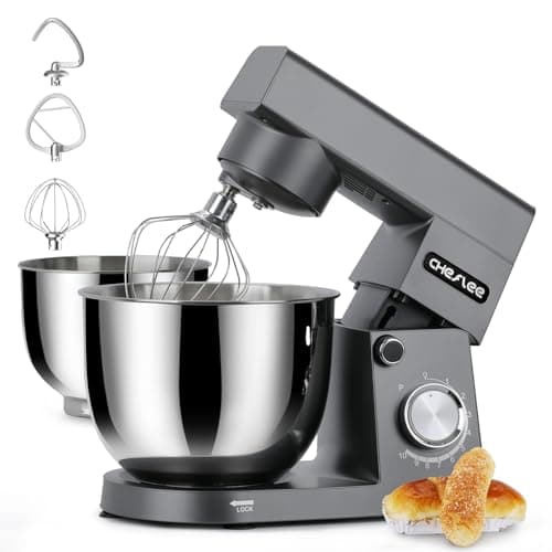 CHeflee Impastatrice Planetaria 1500W Robot da Cucina Multifunzione con 4,5 e 5,5 L Ciotola in Acciaio inox,10 velocità,con Gancio per Mescolare,Gancio per Impastare Impastatrice Professionale(Grigio)