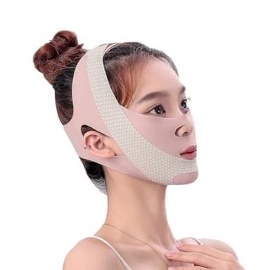 QOMJUFA Fascia per lifting viso,maschera lifting doppio mento,maschera lifting viso riutilizzabile Efficace Lifting Maschera Rassodante Fascia per Uomini Donne,rosa
